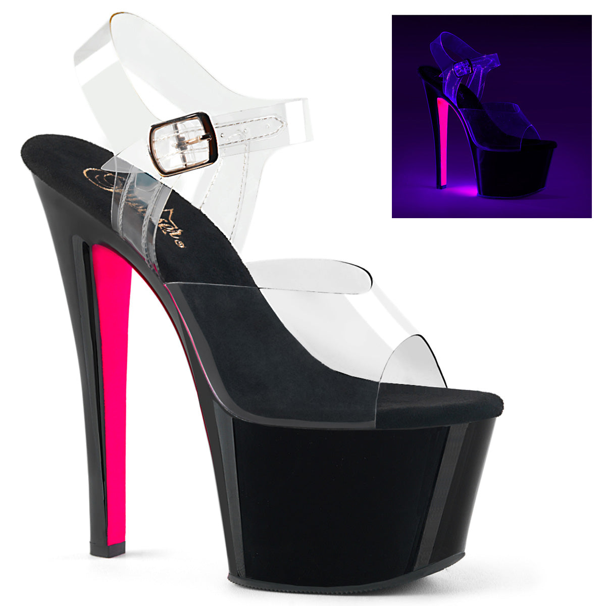SKY-308TT 7" Heel Clear Black Neon Hot Pink Strippers Shoes
