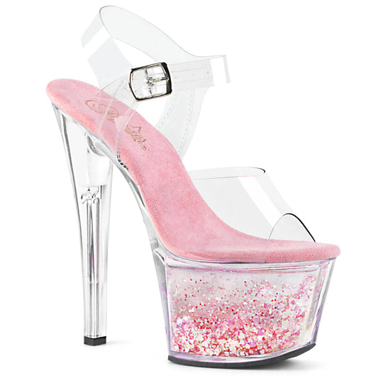 SKY-308WHG 7" Clear Baby Pink Glitter Pole Dancer Platforms-Pleaser- Sexy Shoes