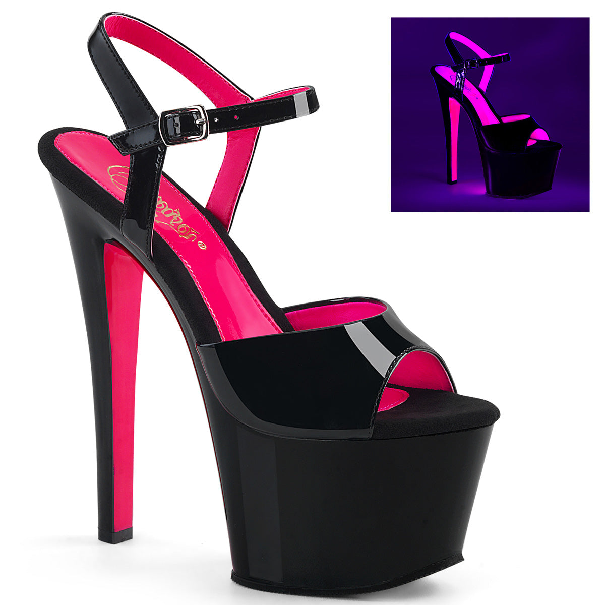SKY-309TT 7" Heel Black Patent with Hot Pink Pole Dancer Fetish Shoes