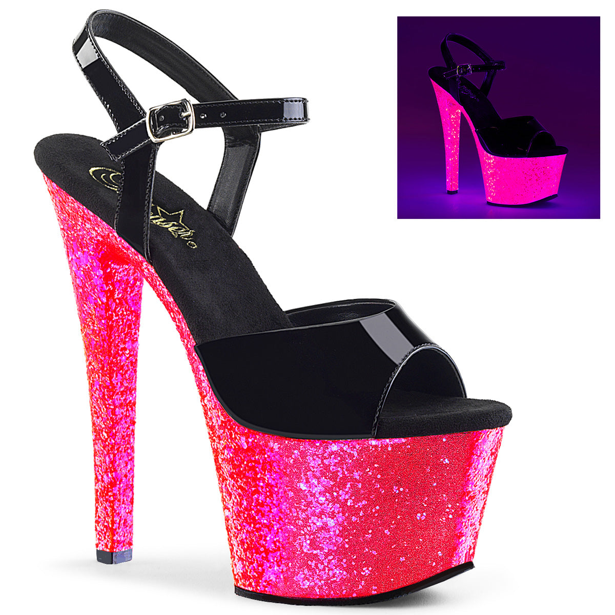 SKY-309UVLG 7" Heel Black with Pink Glitter Strippers Shoes