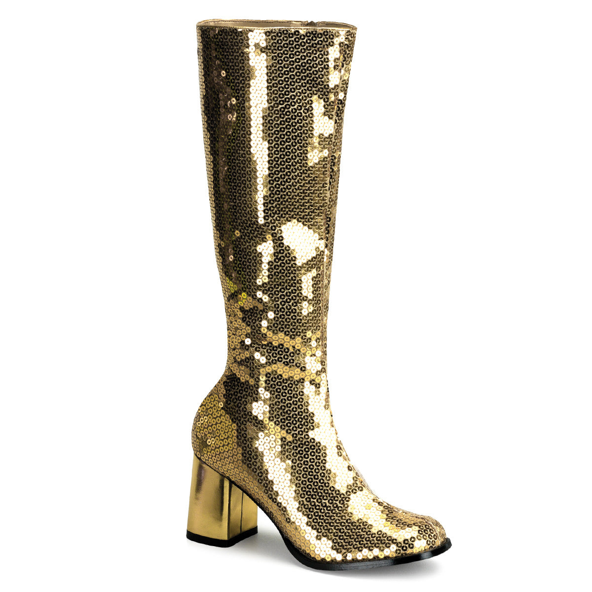 SPECTACUL-300SQ Bordello Burlesque 3" Heel Gold Sequin Boots