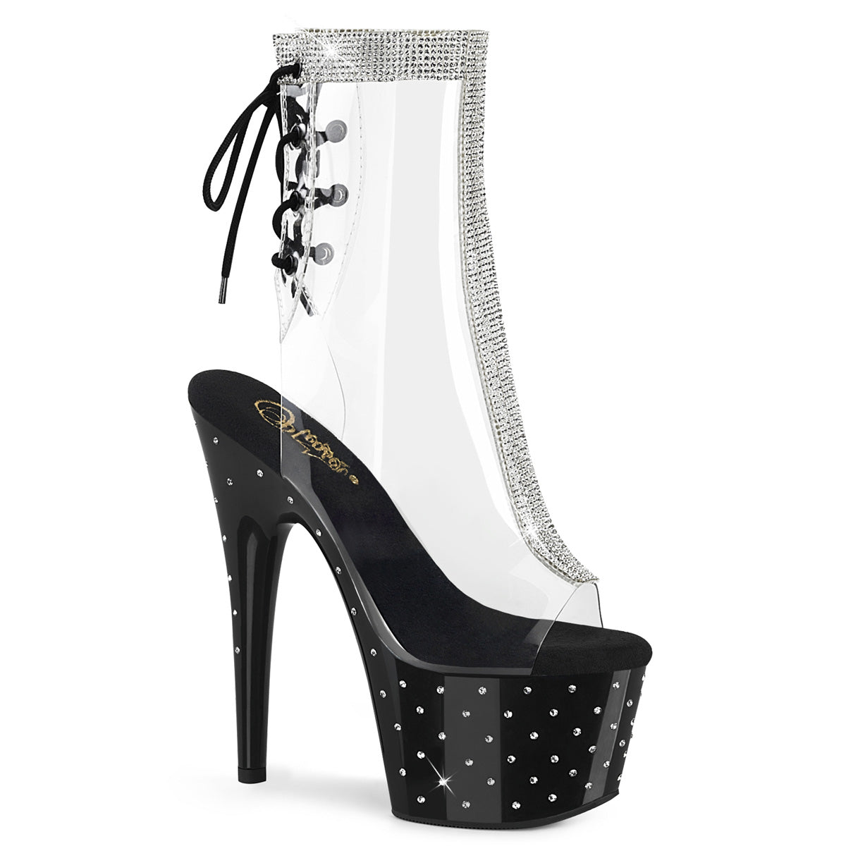 STARDUST-1018C-2RS Pleasers Clear Perspex Rhinestone Black Platform Ankle Boots