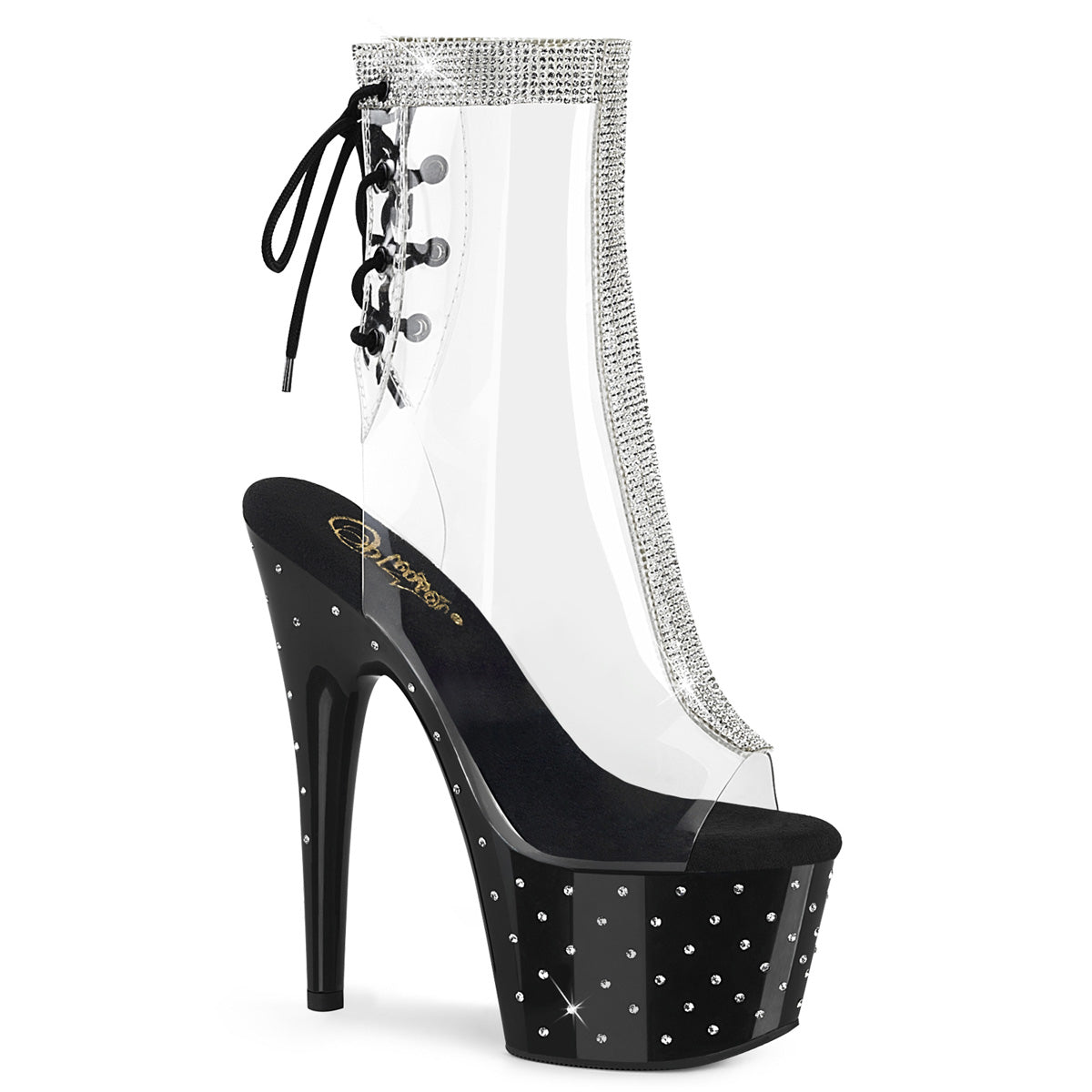 Stardust-1018C-2RS Pleasers Clear Perspex Rhinestone Black Platform Boots
