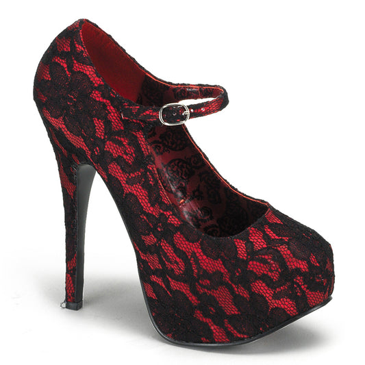 Bordello TEE07L Red Satin-Black Lace Sexy Shoes Discontinued Sale Stock